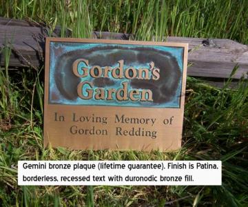 Gemini Brand bronze plaque with patina finish.